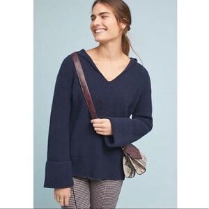 NEW! ANTHROPOLOGIE Navy blue chunk knit oversized pullover hoodie sweater Large